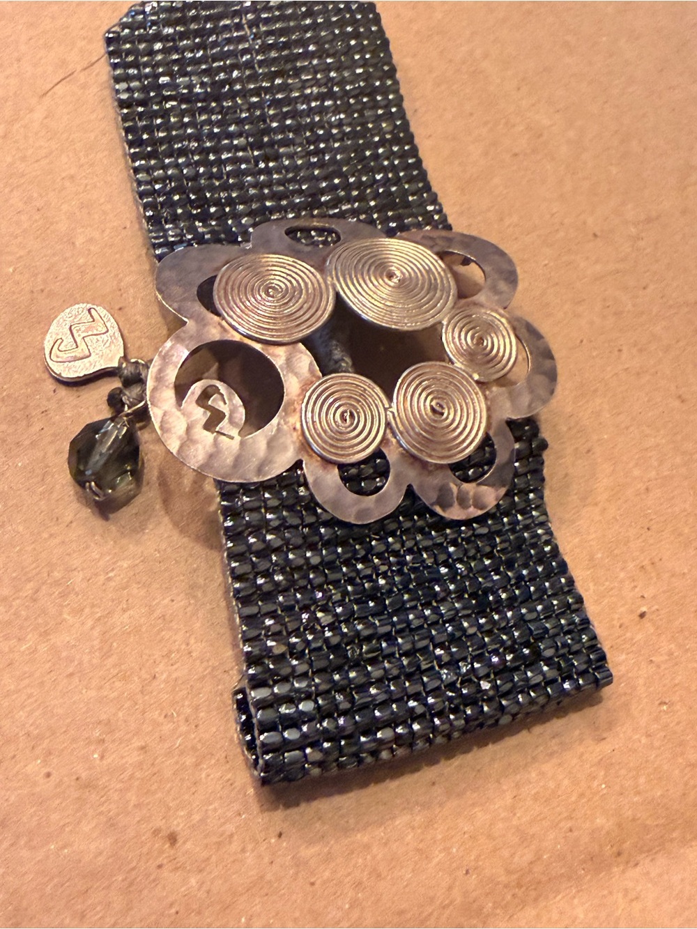 Rare Vintage Statement Black Bracelet with Hammered Sterling Silver Accent